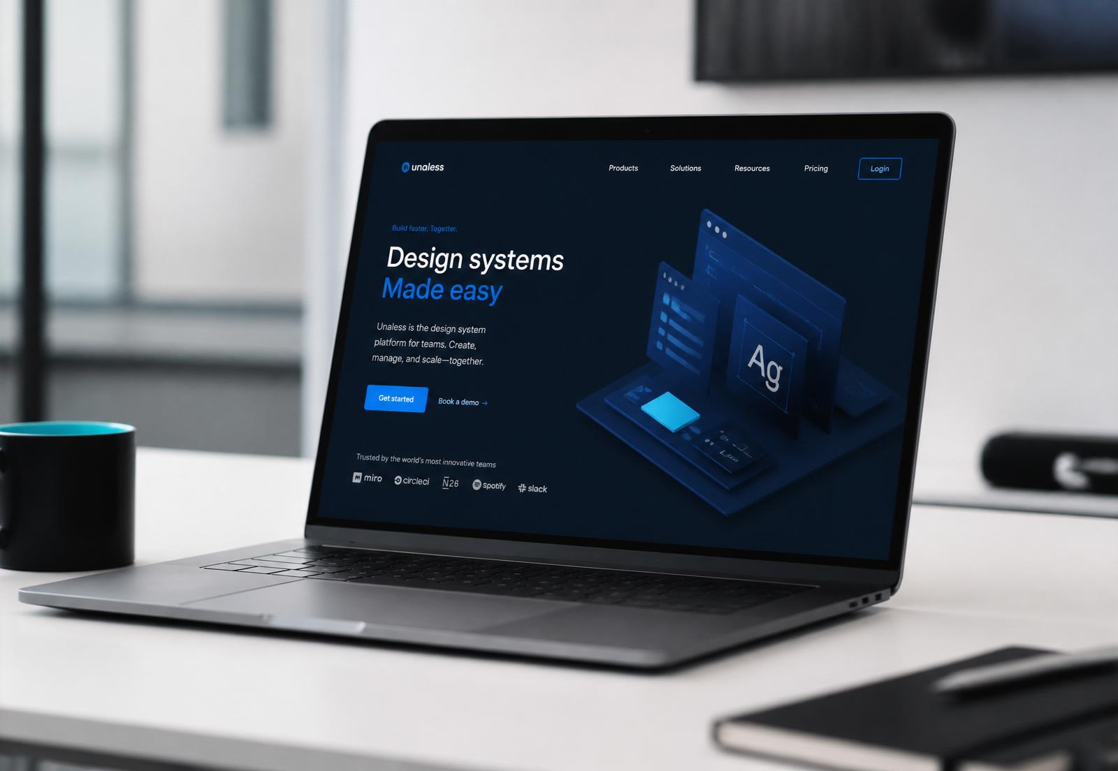 Moderne werkplek met laptop die een premium website toont